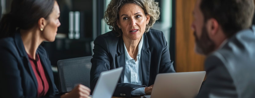 A workplace investigator reviewing documents with employees, discussing harassment policies and legal compliance in a professional setting.
