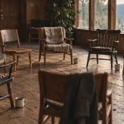 Rustic cabin chair circle by the lake