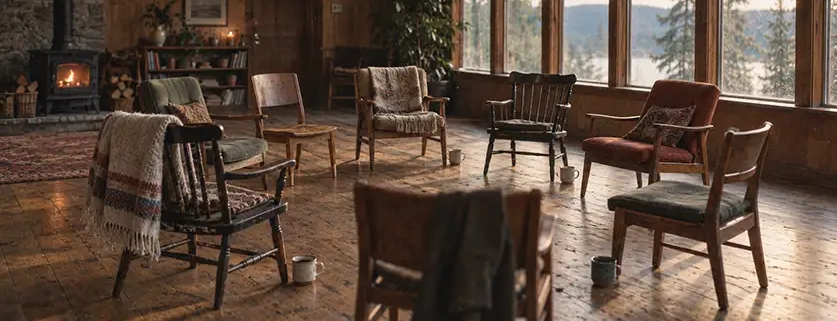 Rustic cabin chair circle by the lake