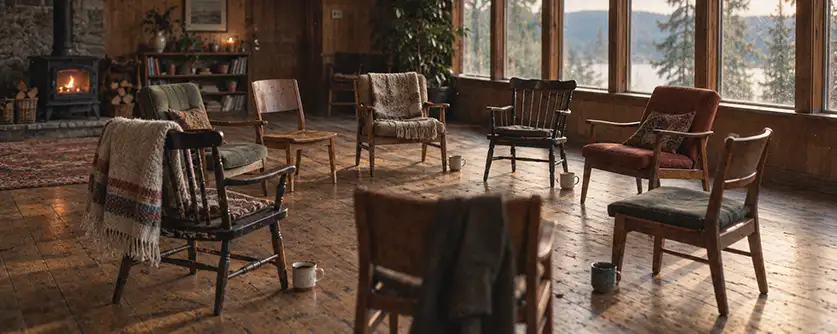 Rustic cabin chair circle by the lake